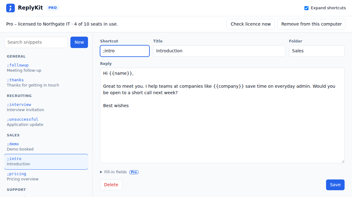 The ReplyKit manager showing replies organised into General, Sales, Support and Recruiting folders.